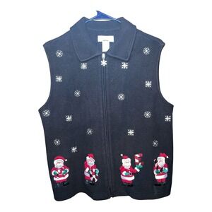 Ugly Christmas Sweater Vest Womens Small Santa Snowflakes Zip Up Festive Holiday